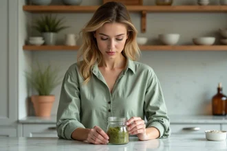 Femme préparant une cure de sea moss en mesurant des algues séchées dans un bocal en verre sur un plan de travail en marbre blanc
