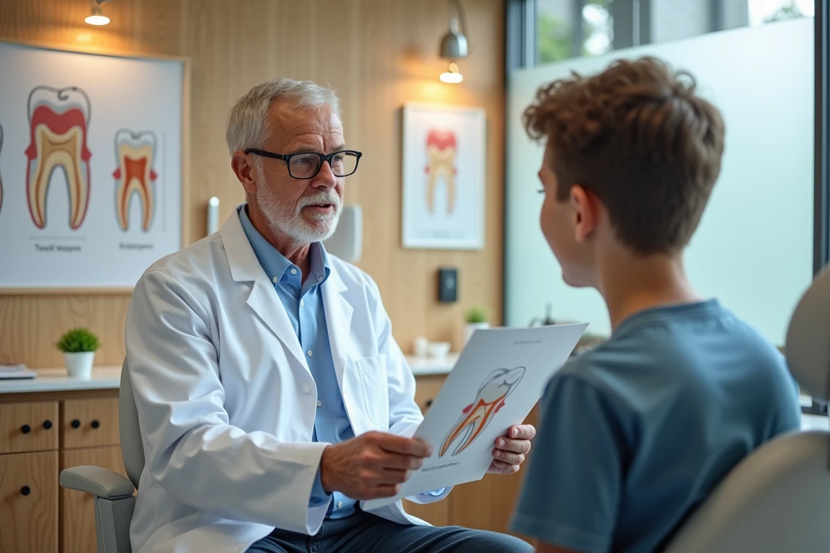 Dentiste expliquant l anatomie dentaire à un adolescent attentif