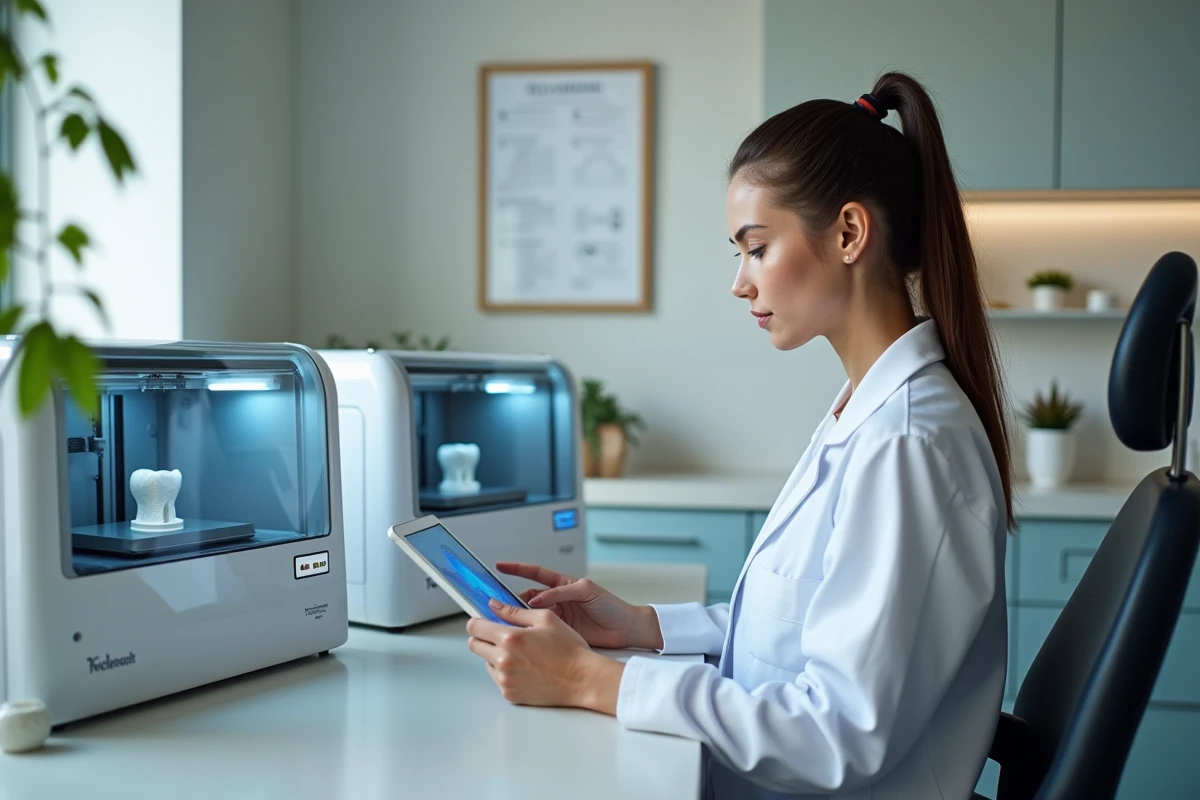 Jeune dentiste utilisant une tablette avec imprimantes 3D en arrière-plan