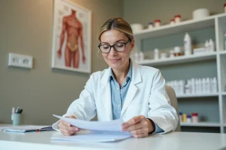 Dermatologue femme en consultation examinant une fiche produit sur un gel topique Ialuset dans un cabinet médical moderne