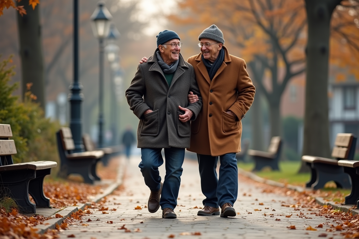 Deux hommes âgés se promènent dans un parc en automne