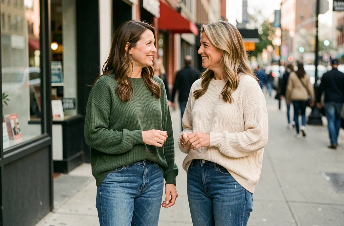Deux femmes souriantes côte à côte sur un trottoir urbain, illustrant la relation fraternelle et le parcours de transformation des sœurs Slaton