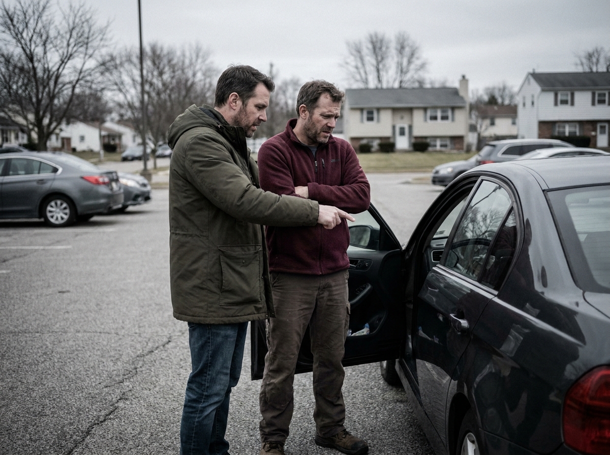 Deux hommes discutent du prêt d'une voiture dans un parking de banlieue, l'un montrant le véhicule à l'autre dans une situation typique de prêt entre amis aux implications pour l'assurance