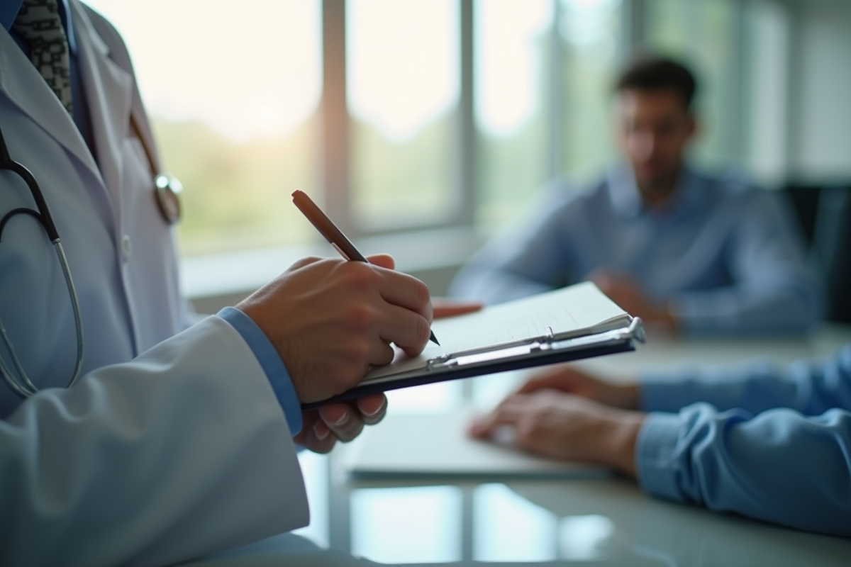 Mains du médecin tenant un carnet et un stylo en consultation