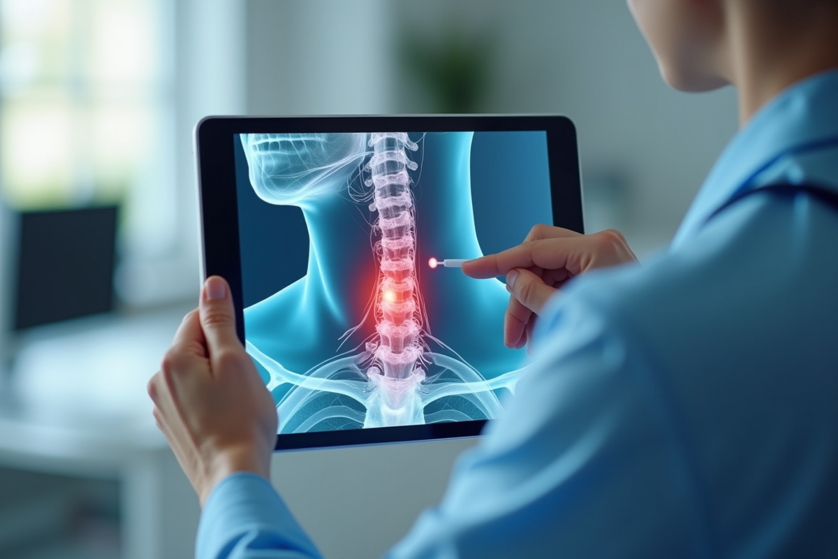 Docteur tenant une tablette avec anatomie de la gorge