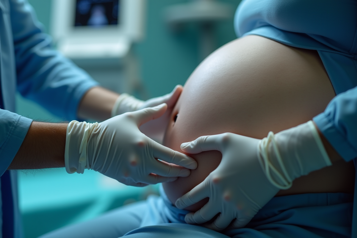 Docteur effectuant une échographie sur le ventre de la femme enceinte