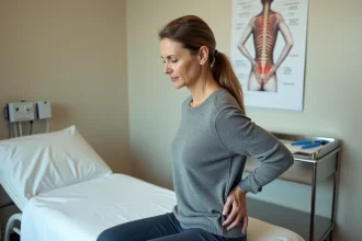 Femme d'âge moyen assise sur une table d'examen médical, main posée sur le bas du dos, exprimant une gêne après une infiltration