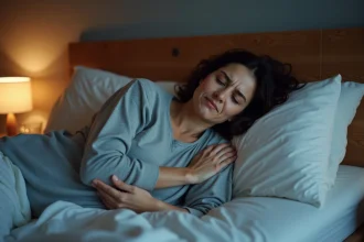 Femme allongée dans son lit la nuit tenant son côté droit sous les côtes avec une expression de douleur