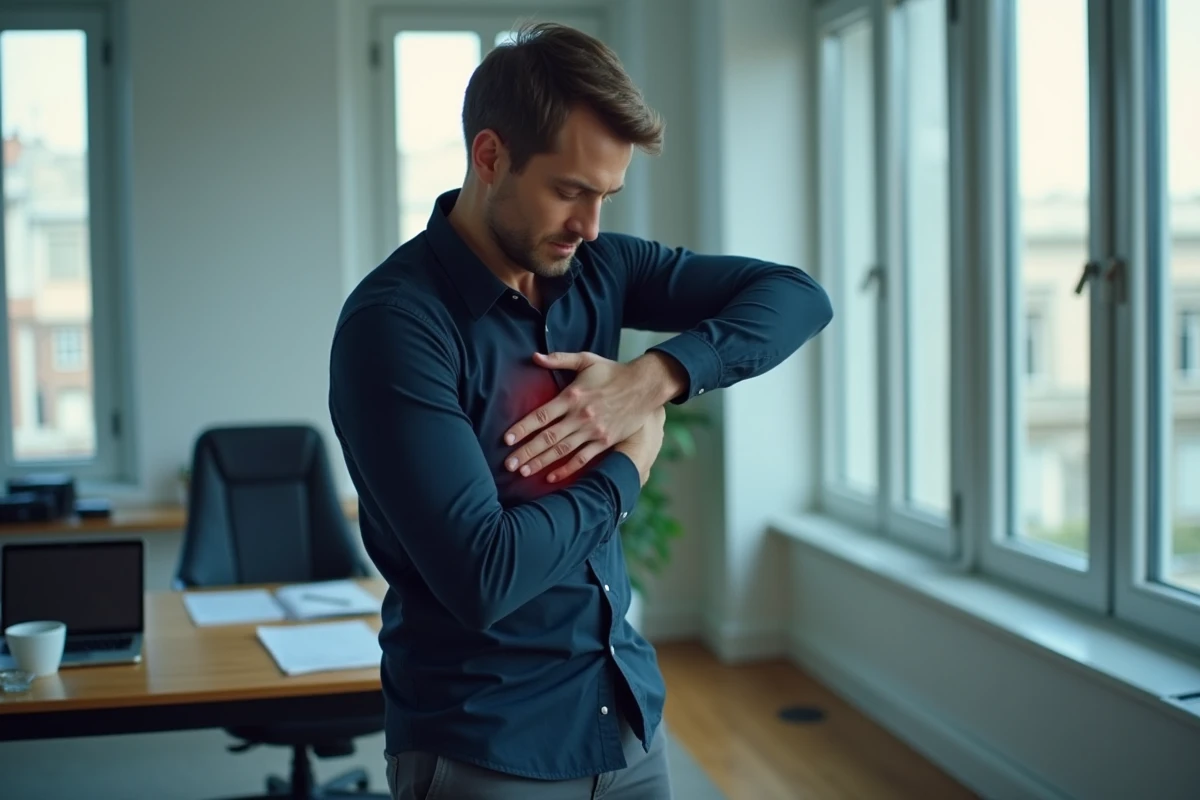 Homme en bureau se tenant le haut du dos gauche avec une posture courbée évoquant une douleur respiratoire