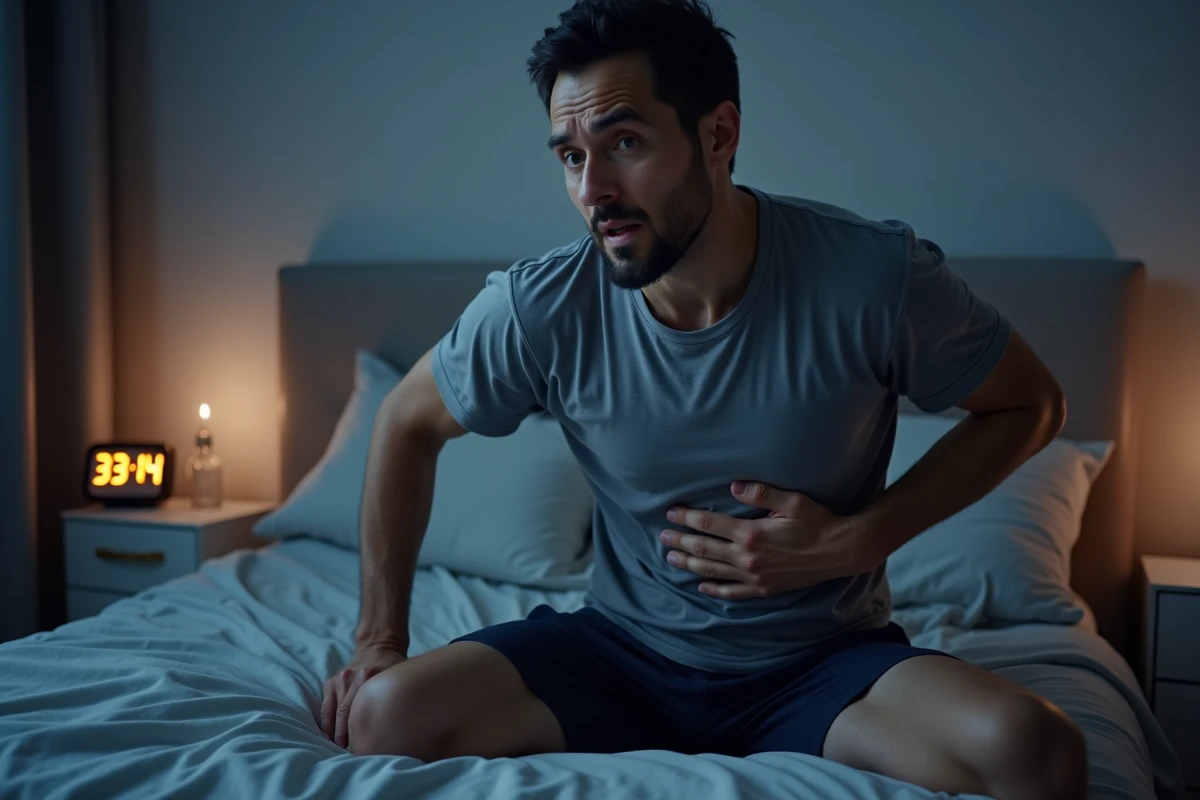 Homme assis au bord du lit la nuit avec la main sur le côté droit douloureux sous les côtes