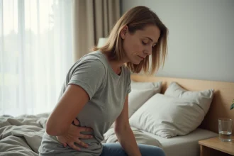 Femme tenant son haut du dos gauche avec une expression de douleur, assise sur un lit dans une chambre apaisante