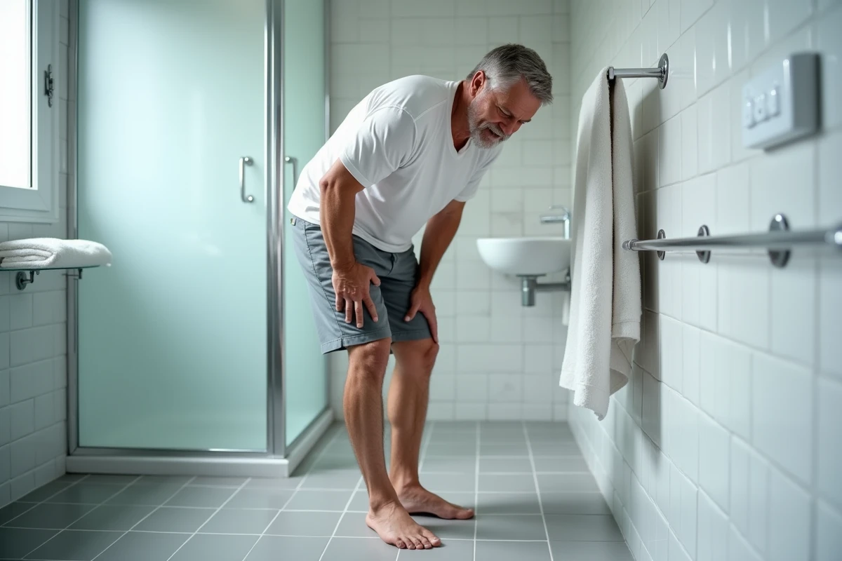 Homme d'âge mûr debout pieds nus dans une salle de bain, tenant son pied douloureux, symbolisant la douleur au dos du pied au réveil