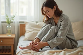 Femme en pyjama assise sur le bord du lit le matin, tenant son pied avec une expression de douleur légère, illustrant la douleur au haut du pied au réveil