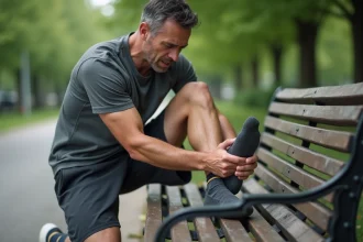 Homme tenant le bord latéral de son pied après une douleur en marchant, assis sur un banc de parc