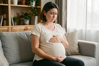 Femme enceinte au troisième trimestre tenant son côté droit sous les côtes avec une expression préoccupée, assise dans un salon