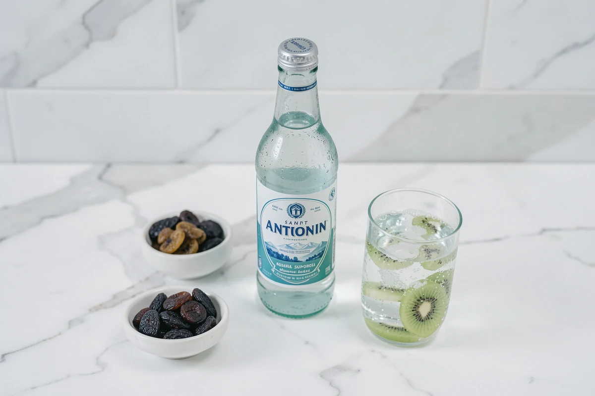 Bouteille d'eau Saint Antonin et verre d'eau pétillante sur un comptoir en marbre blanc avec fruits pour la constipation