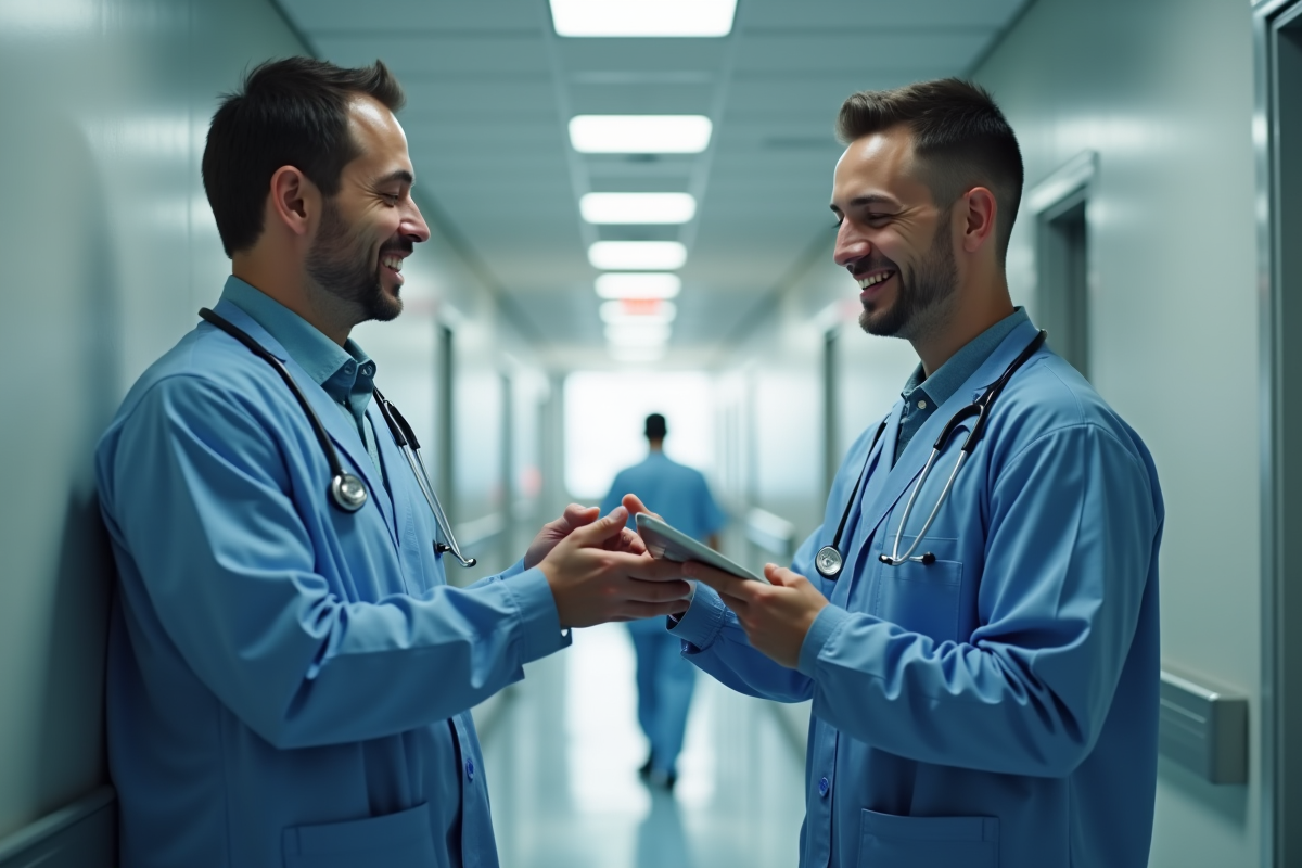 Deux professionnels de santé échangeant une tablette dans un couloir