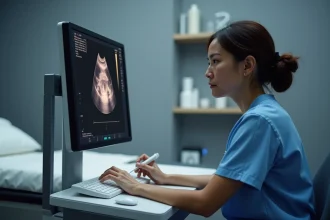 Échographiste réalisant une échographie transvaginale très précoce à 5 semaines d'aménorrhée montrant le sac gestationnel sur le moniteur