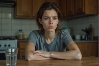 Femme fatiguée assise à une table de cuisine les mains jointes, illustrant les effets physiques du jeûne prolongé sur le corps