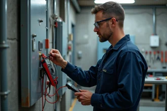 Électricien professionnel mesurant une tension avec un multimètre numérique sur un tableau électrique industriel