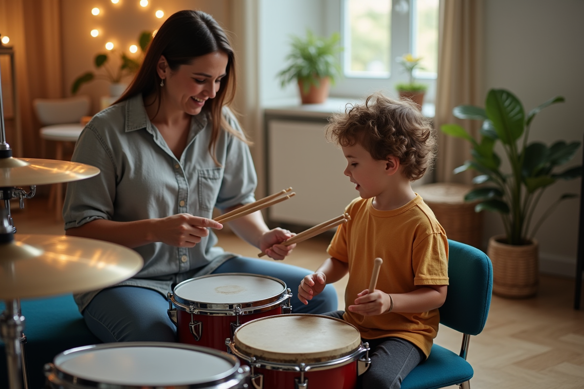 Enfant guidé par un thérapeute musical avec instruments de percussion
