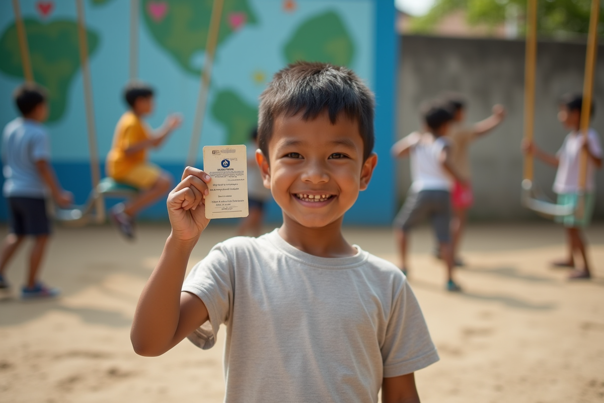 Jeune garçon tenant une carte de vaccination dans une cour de jeu