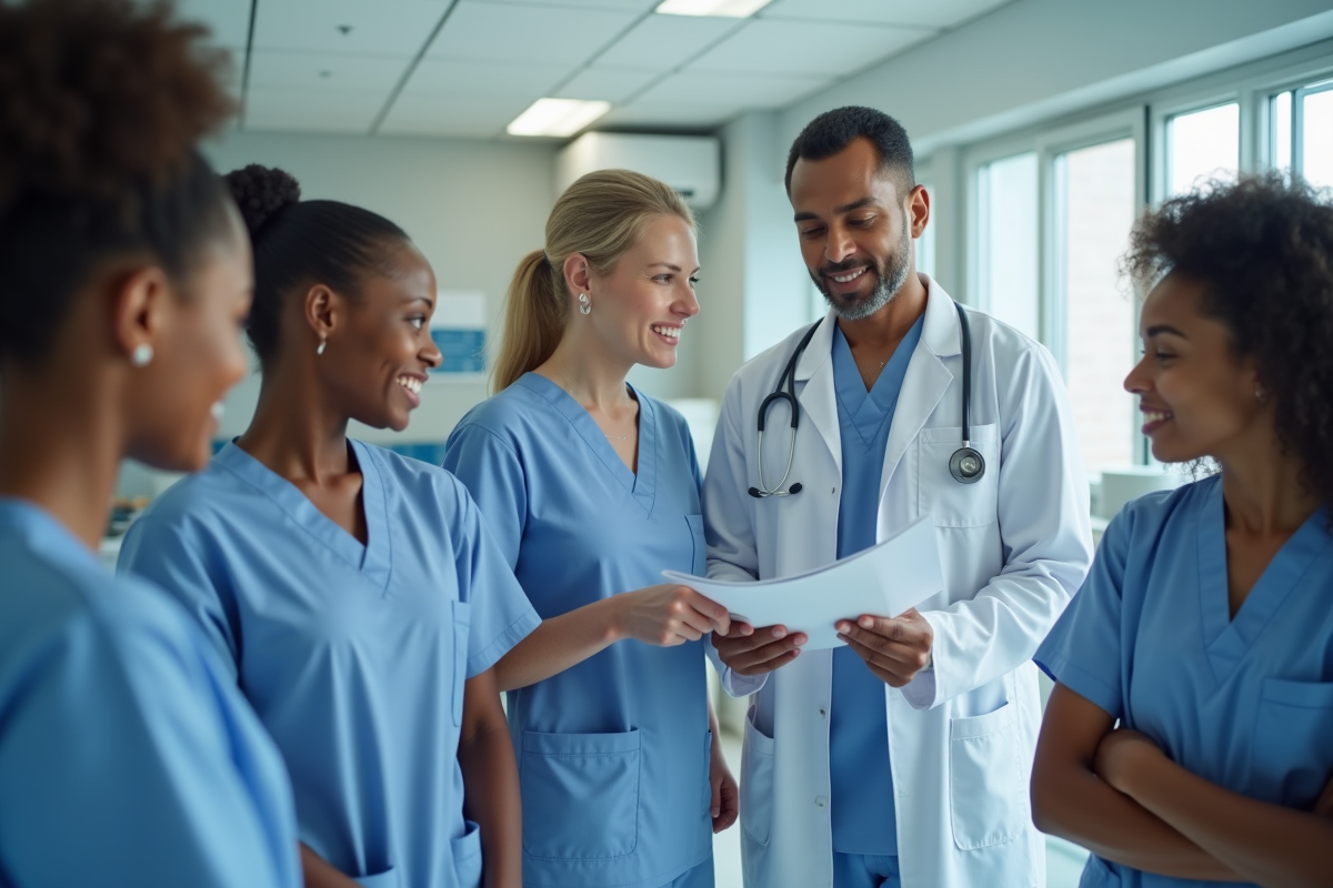 Groupe d infirmiers autour d une station de travail à l hôpital