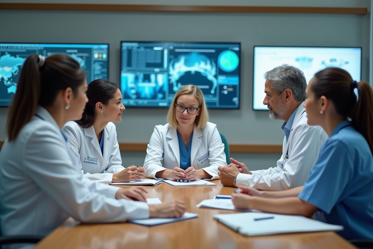 Equipe de professionnels de santé en discussion dans une salle