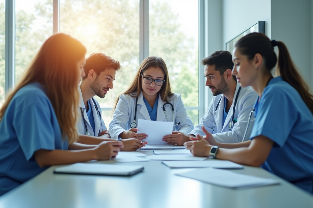 Equipe de soignants divers dans un hôpital moderne
