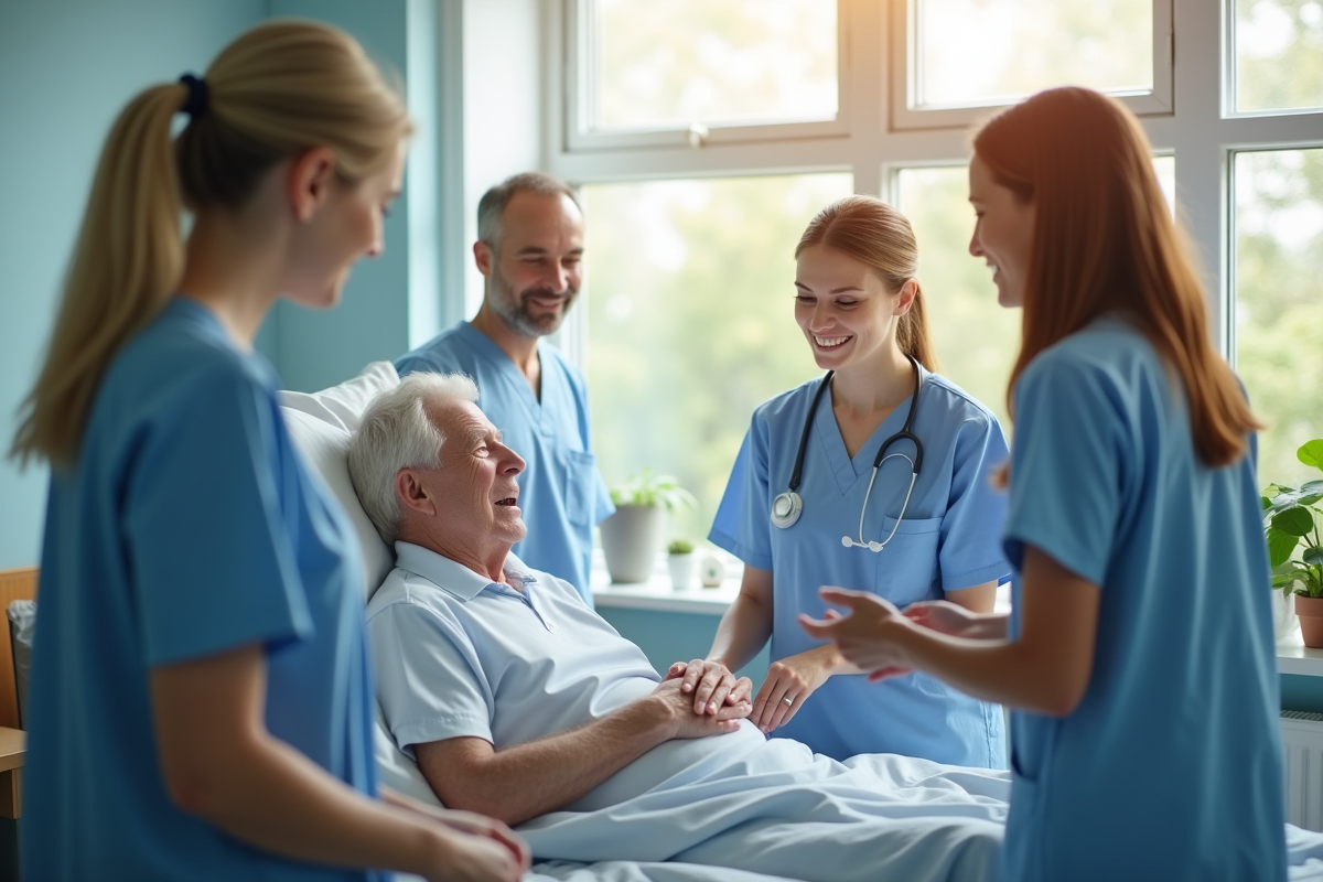 Equipe soignante autour d un patient age en hospital