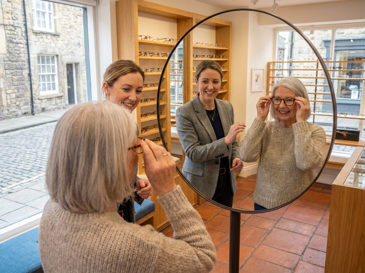 Cliente essayant des lunettes avec l'aide d'une opticienne dans une boutique d'optique indépendante à Bordeaux