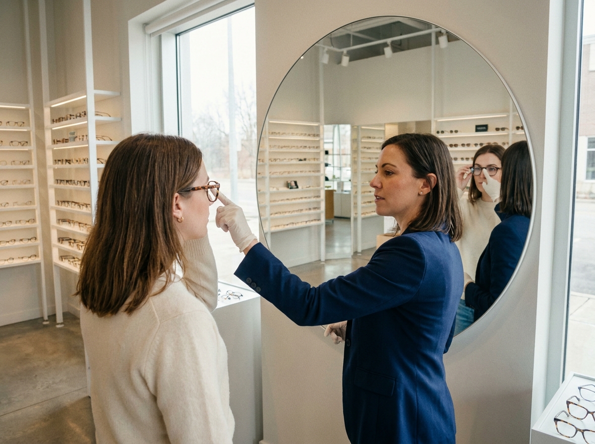 Femme essayant une nouvelle monture de lunettes accompagnée d'un opticien professionnel dans une boutique moderne