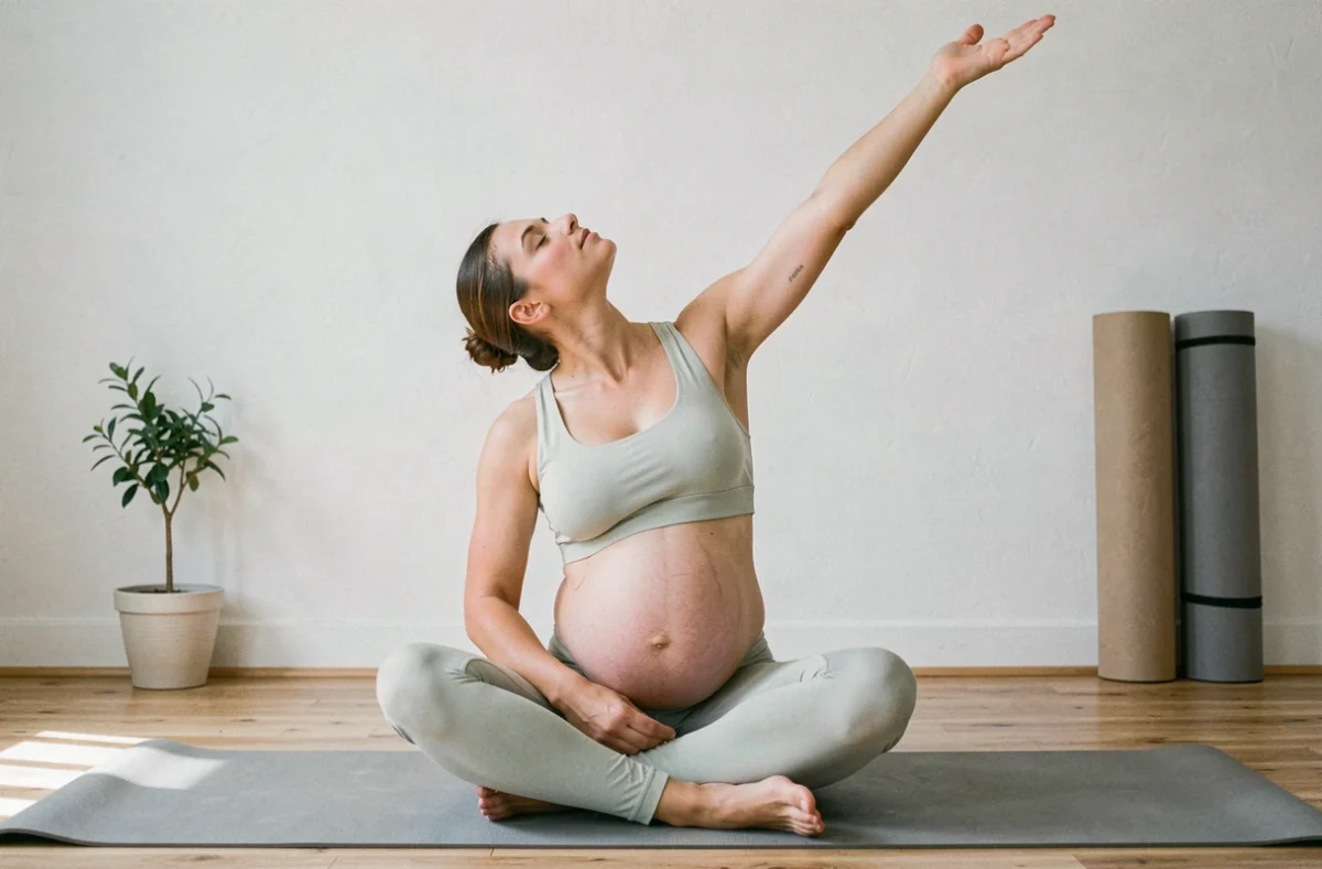 Femme enceinte pratiquant un étirement latéral doux sur un tapis de yoga pour soulager la douleur des côtes déplacées