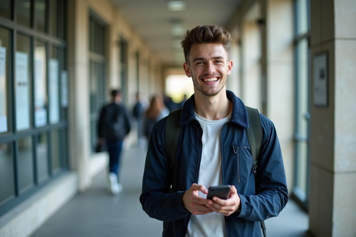 Étudiant consultant son application Cristolink UPEC sur smartphone dans un couloir du campus universitaire