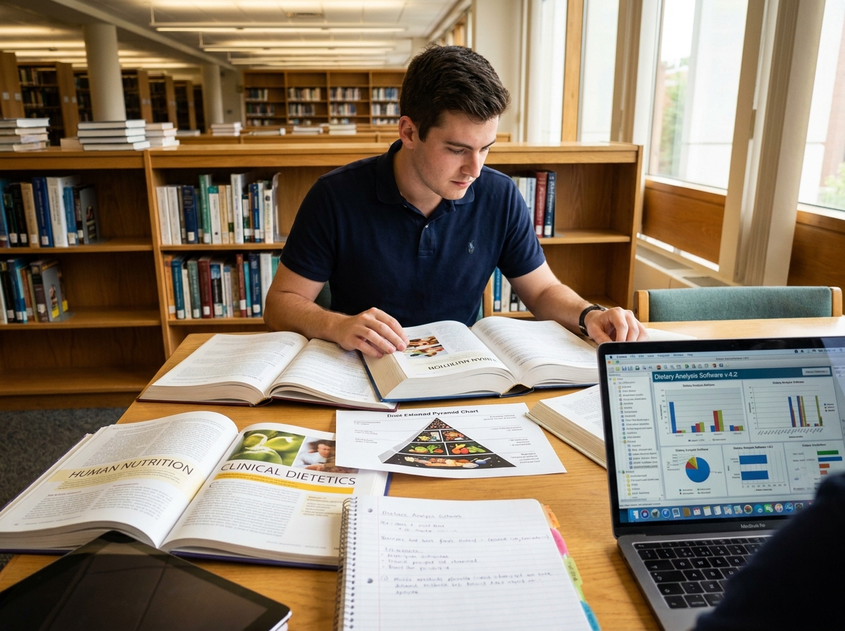 Étudiant en BTS diététique révisant des cours de nutrition dans une bibliothèque universitaire