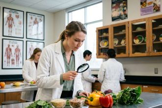 Étudiante en BTS diététique analysant des aliments dans une salle de cours professionnelle
