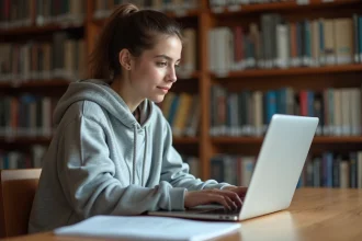 Étudiante connectée au portail Cristolink UPEC sur son ordinateur portable dans une bibliothèque universitaire