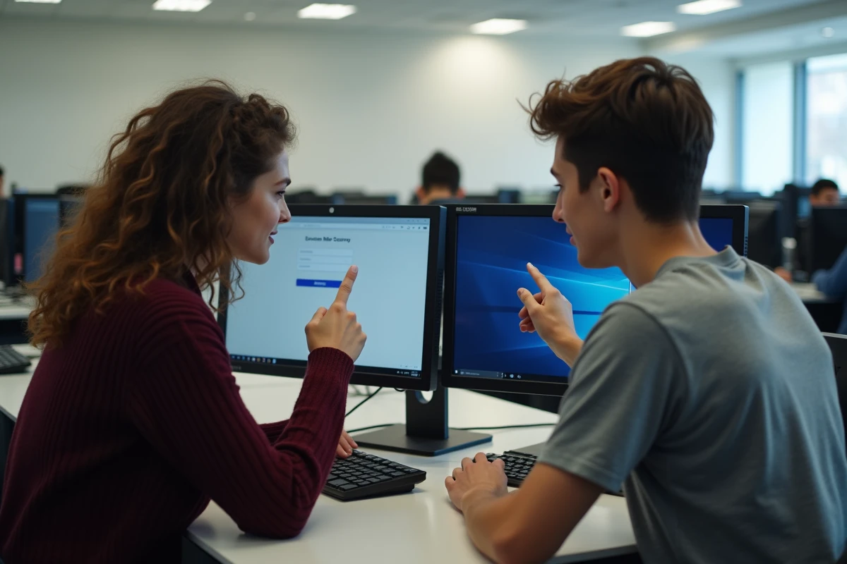 Deux étudiants s'entraidant pour se connecter au portail Cristolink UPEC dans une salle informatique universitaire