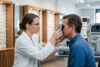 Optométriste mesurant l'écart pupillaire d'un patient adulte avant un changement de monture de lunettes