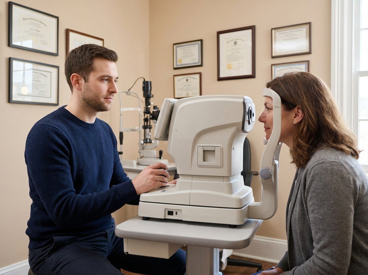 Opticien indépendant effectuant un examen de la vue avec un autoréfractomètre dans son cabinet à Bordeaux
