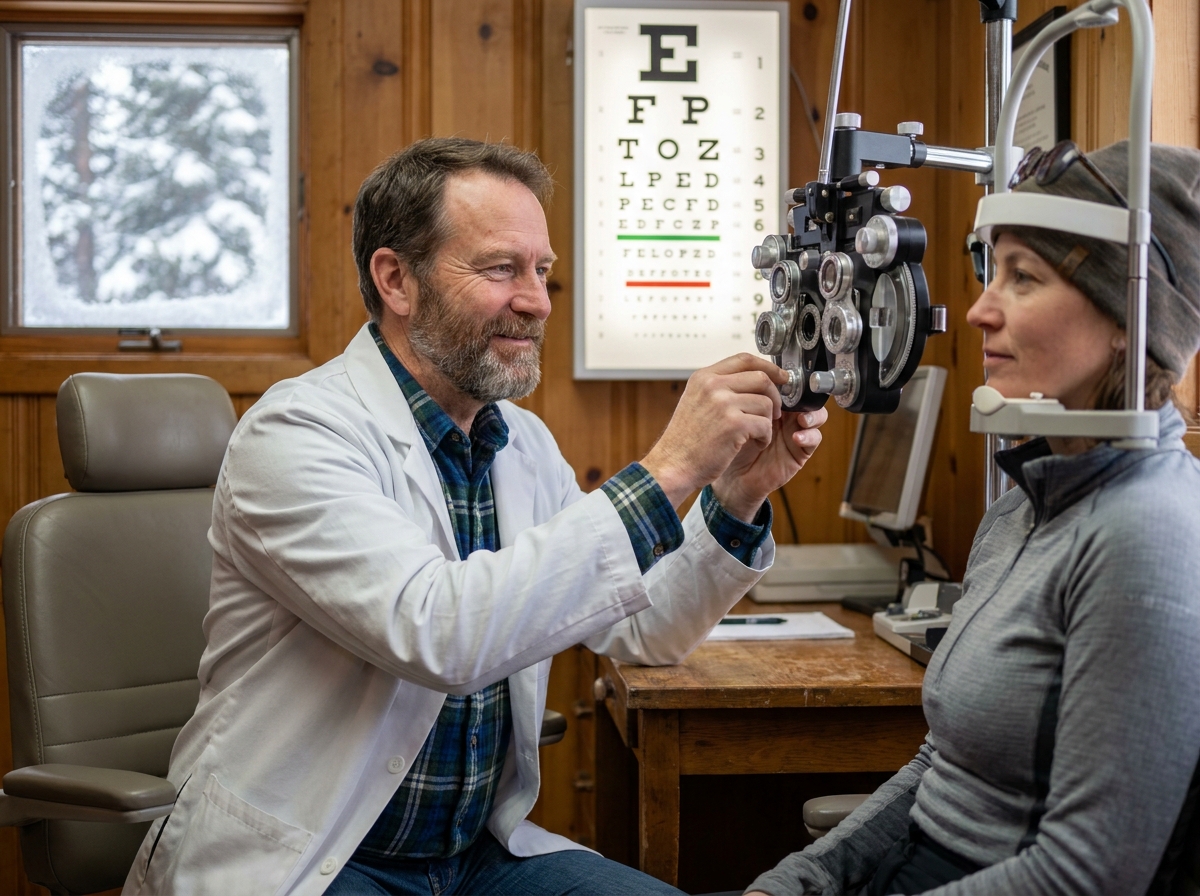 Opticien réalisant un examen de vue pour une skieuse dans son cabinet en station de montagne