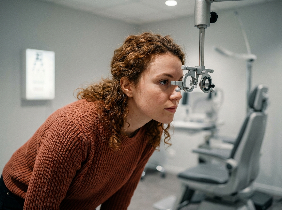 Jeune femme passant un examen de la vue chez un opticien à Lyon, regardant à travers un phoroptère lors d'un bilan visuel professionnel