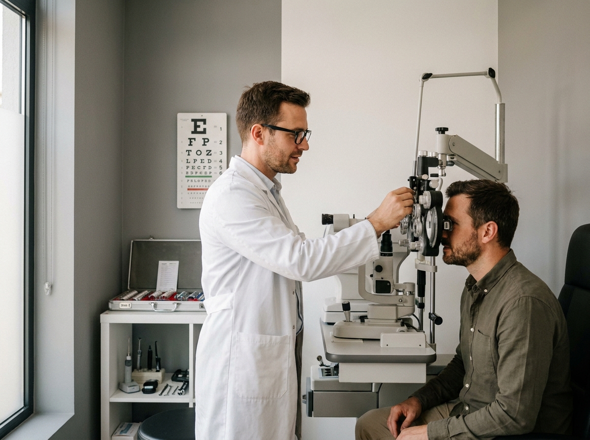 Opticien effectuant un examen de vue sur un patient dans une salle d'optométrie équipée