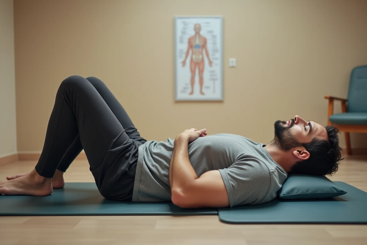 Homme allongé pratiquant un exercice de respiration abdominale pour réduire la douleur de côte flottante