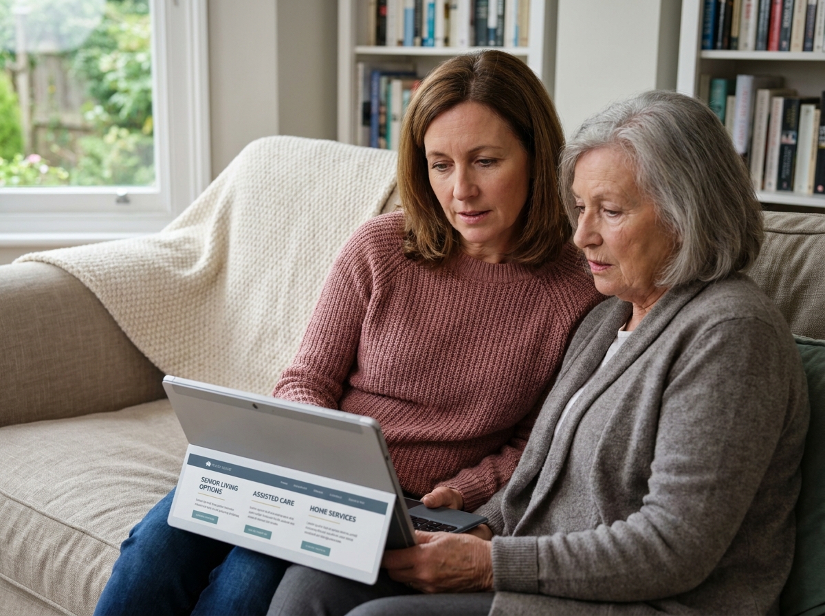 Une fille adulte et sa mère âgée comparant ensemble des solutions de maintien à domicile et de résidence senior sur une tablette