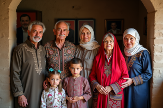 Famille multigenerationale en vêtements traditionnels dans une maison rurale