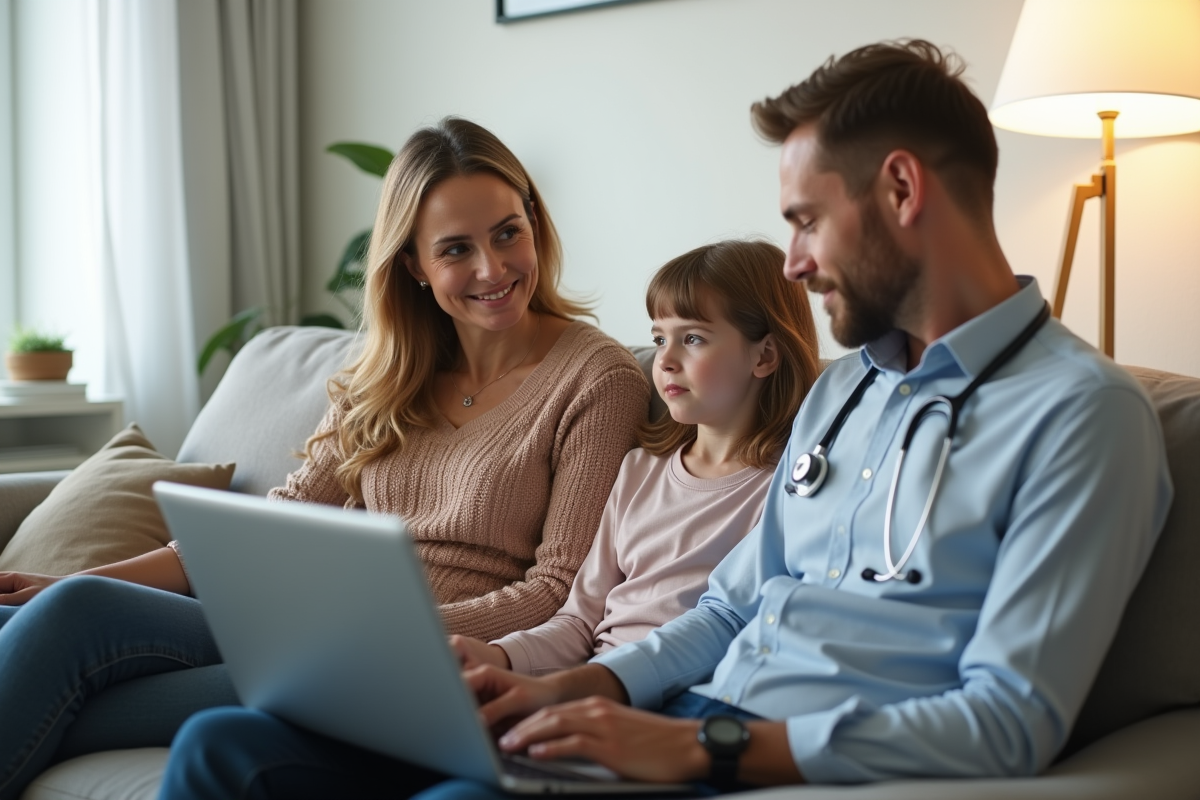 Famille confortablement assise pour consultation a domicile