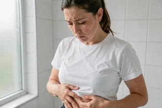 Femme adulte examinant son nombril avec inquiétude dans une salle de bain, signe possible d'une omphalite
