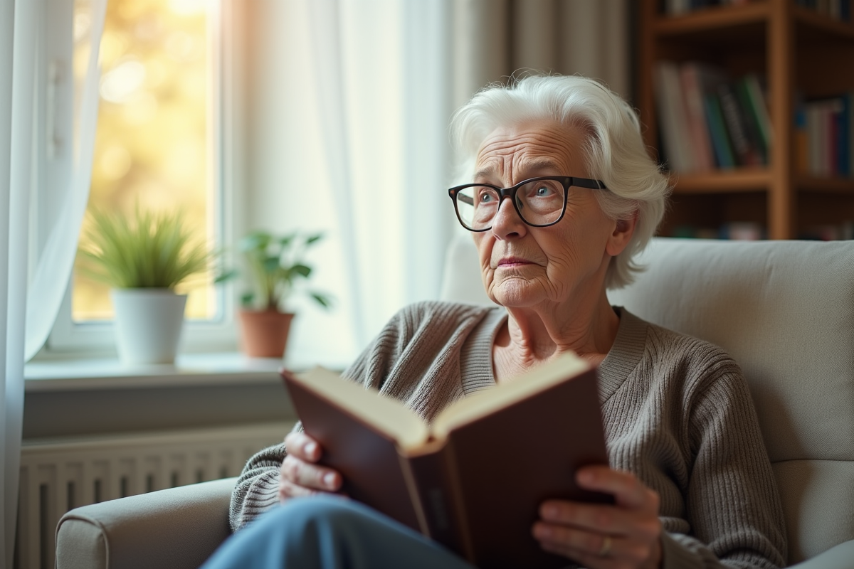 Femme agee confuse tenant un livre à l'envers dans un salon lumineux