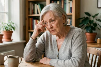 Femme âgée aux cheveux argentés réfléchissant à sa mémoire, illustrant les troubles cognitifs liés à l'hippocampe dans la maladie d'Alzheimer